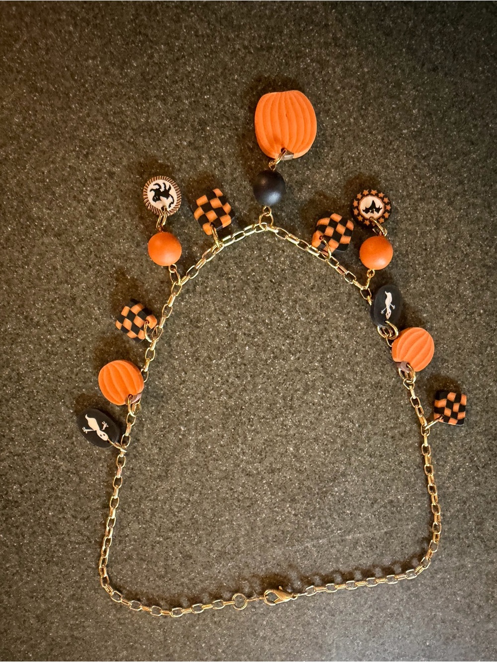 Halloween Pumpkin and Bat Charm Necklace - Orange and Black